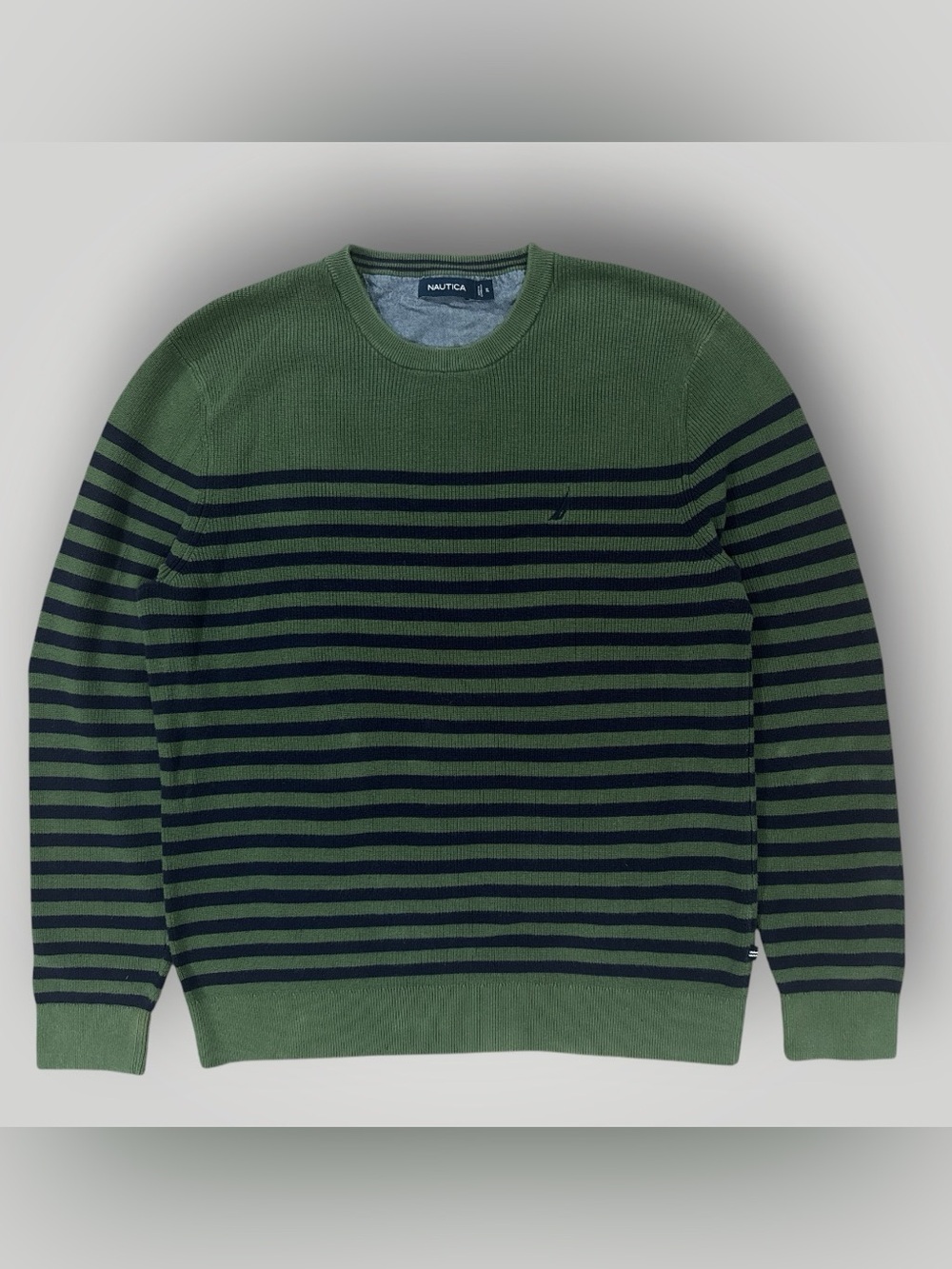 Nautica Men’s XL Striped Knit Sweater Pine Forest Green 100% Cotton Pullover